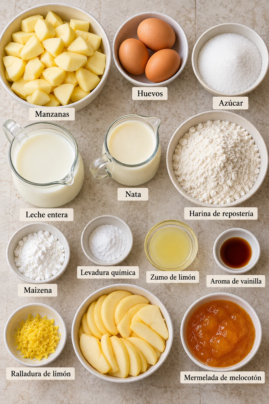 Ingredientes etiquetados para tarta de manzana casera con cobertura glaseada