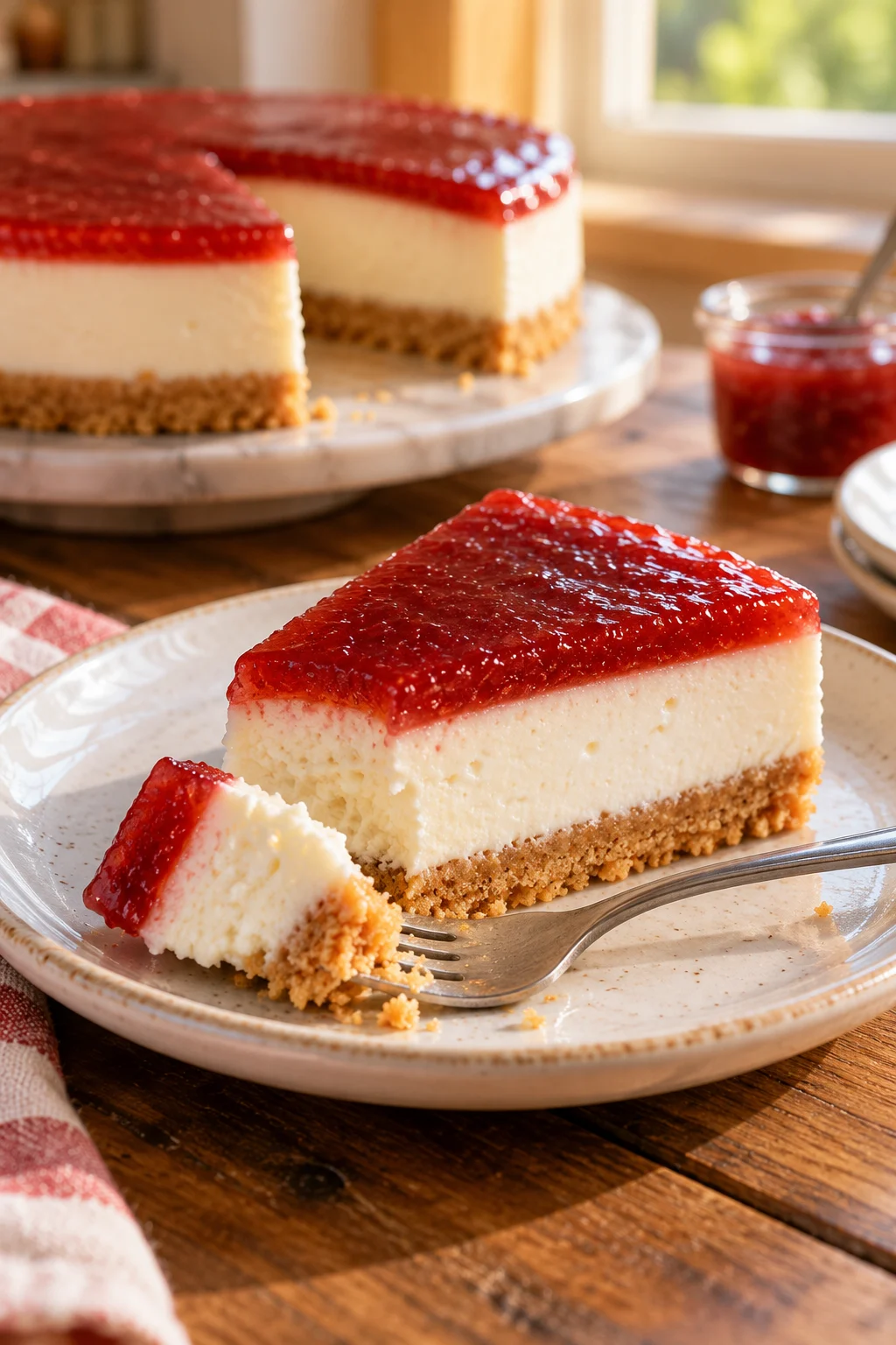 Tarta de queso sin horno con mermelada de fresa servida