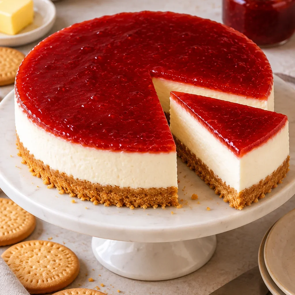 Tarta de queso sin horno con mermelada de fresa en un soporte, con galletas y mermelada alrededor