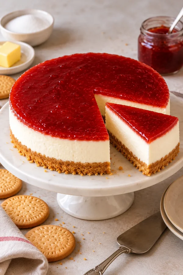 Tarta de queso sin horno con mermelada de fresa en un soporte, con galletas y mermelada alrededor