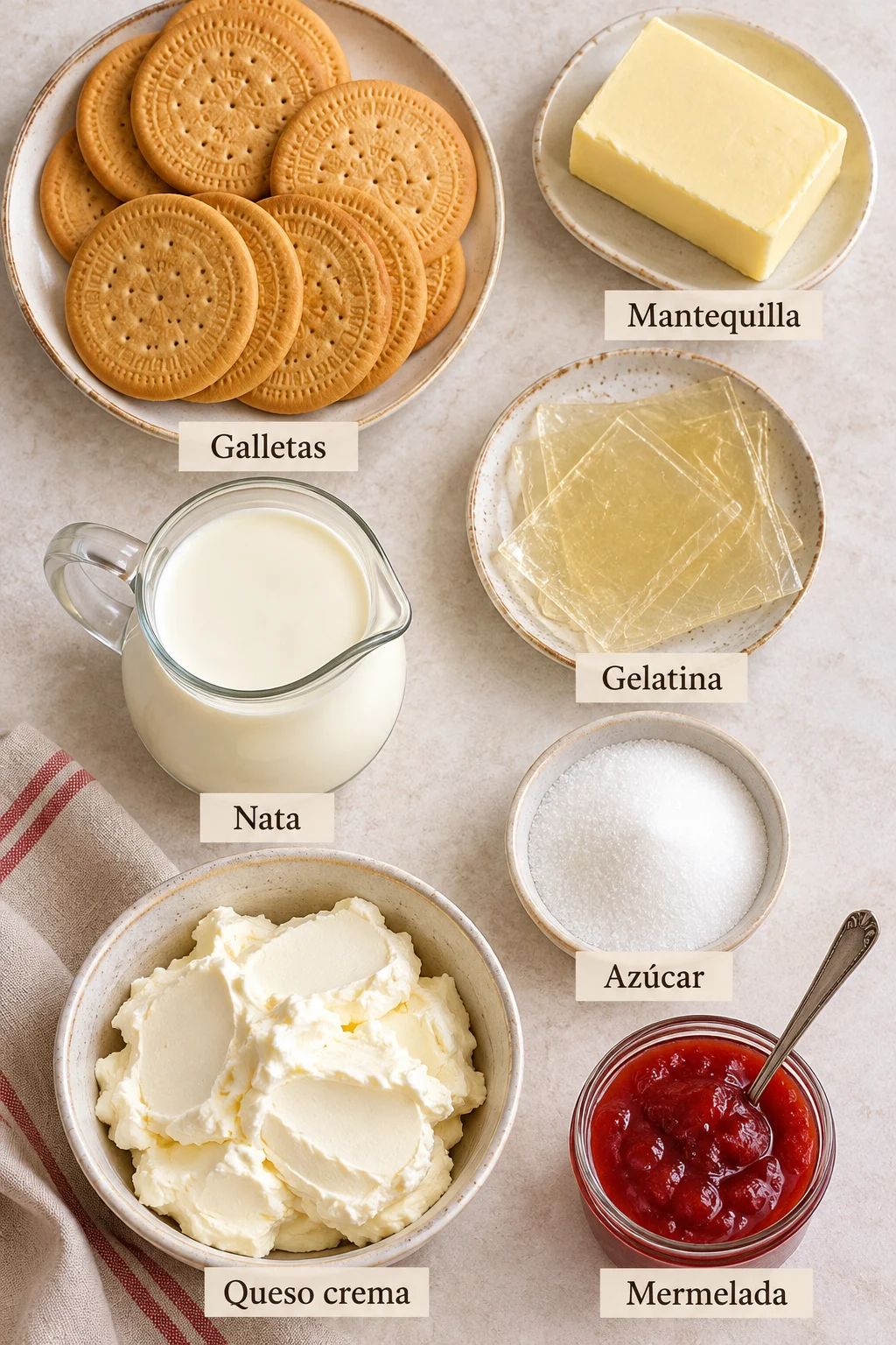 Ingredientes etiquetados para tarta de queso sin horno con mermelada