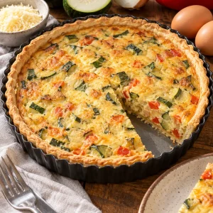 Tarta de zapallitos recién horneada con zapallitos y queso