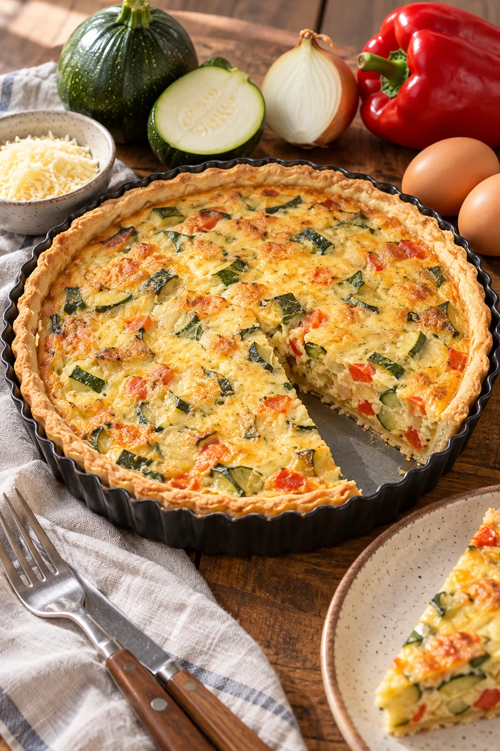 Tarta de zapallitos recién horneada con zapallitos y queso