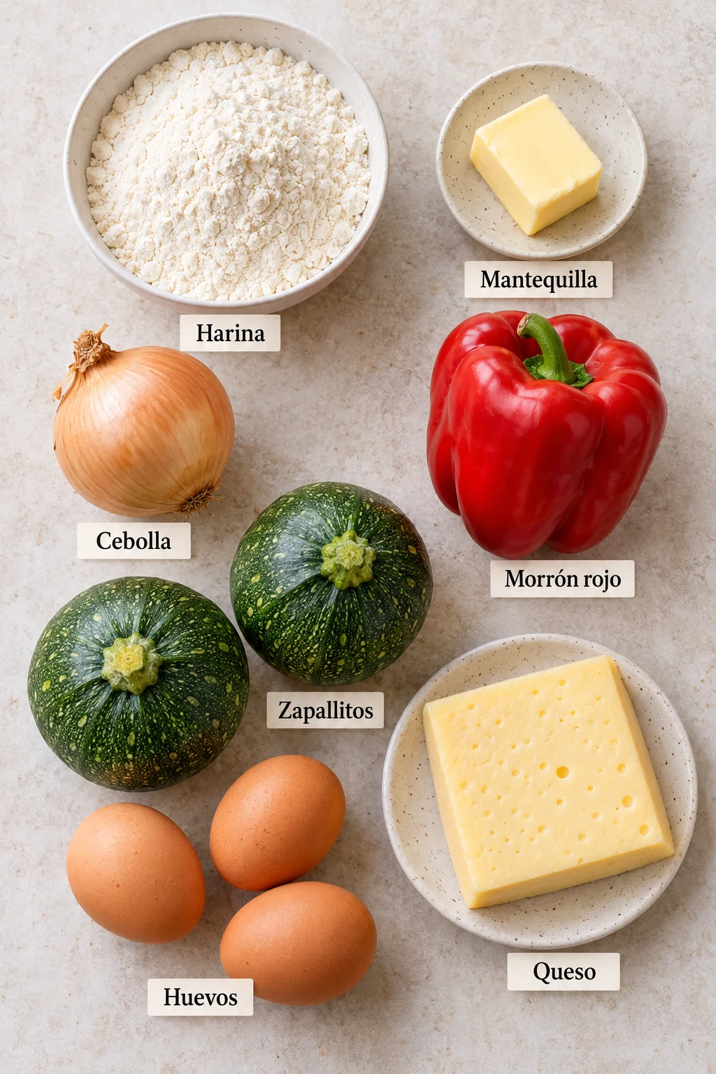 Ingredientes etiquetados para tarta de zapallitos