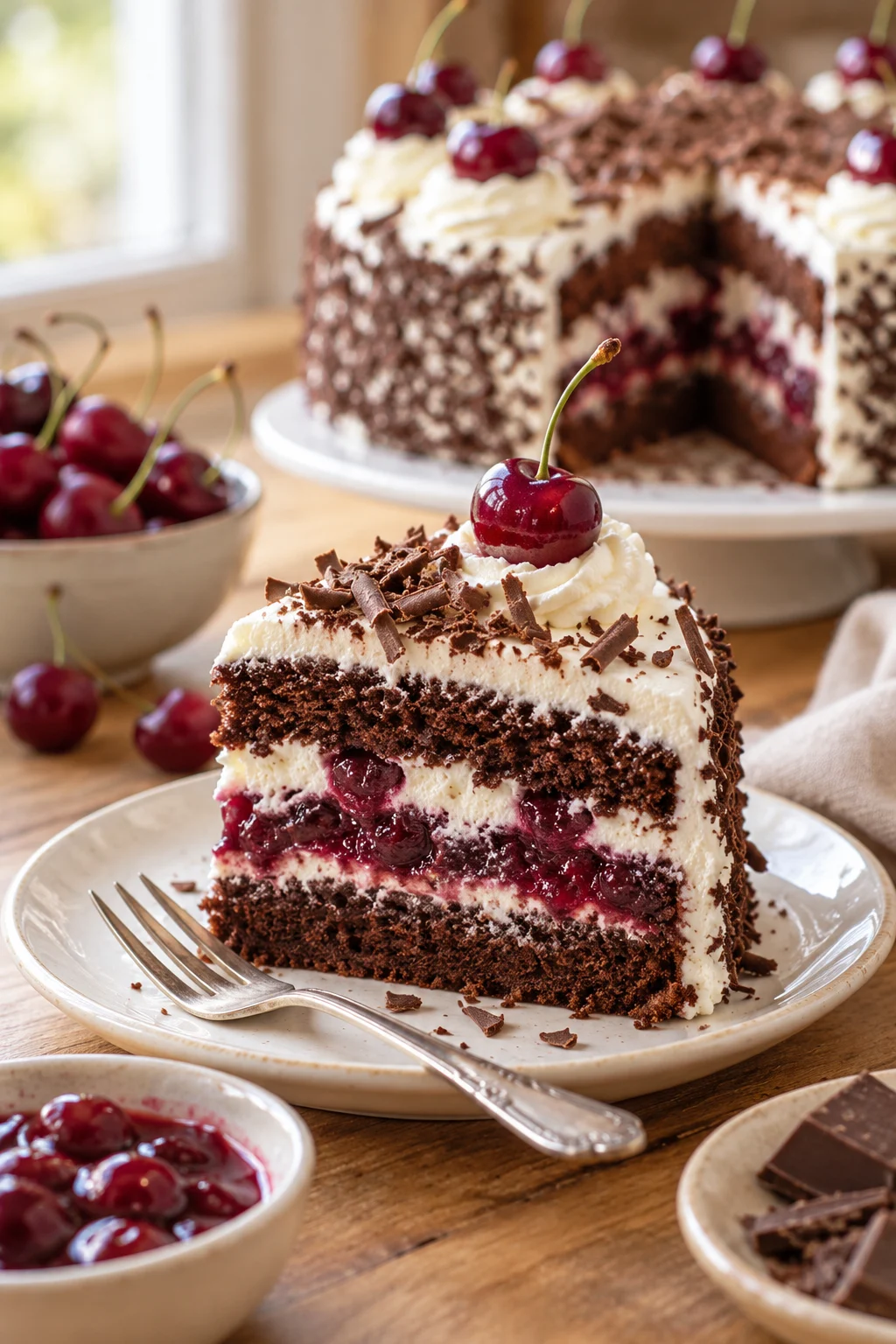 Porción de tarta selva negra mostrando sus capas