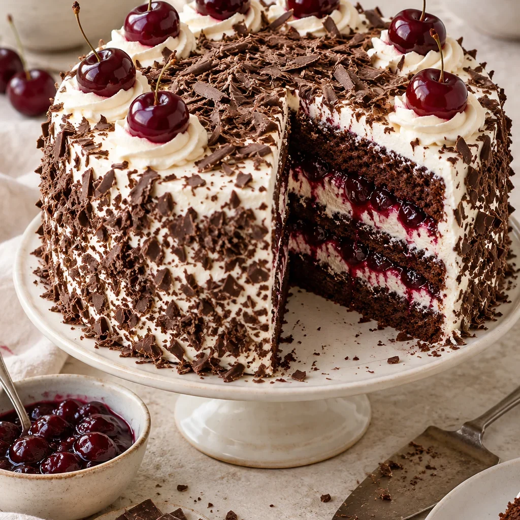 Tarta selva negra con capas de bizcocho de chocolate, nata y cerezas