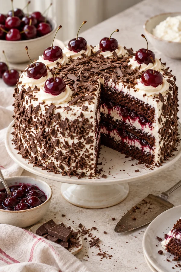 Tarta selva negra con capas de bizcocho de chocolate, nata y cerezas