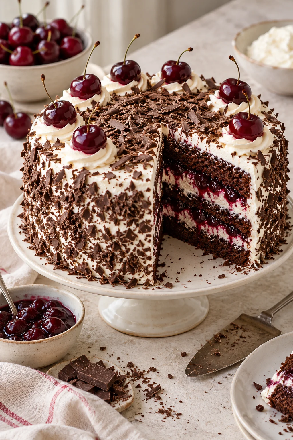 Tarta selva negra con capas de bizcocho de chocolate y cerezas