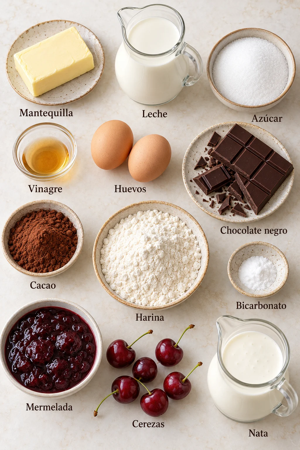 Ingredientes etiquetados para tarta selva negra