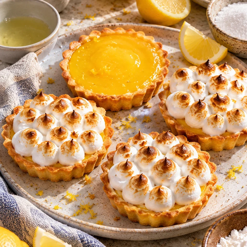 Tartaletas de limón decoradas con merengue dorado