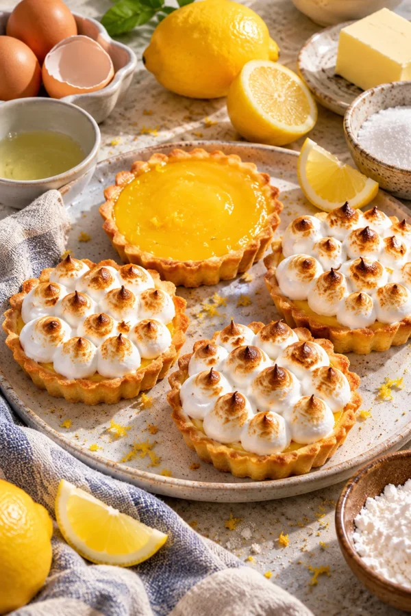Tartaletas de limón decoradas con merengue dorado