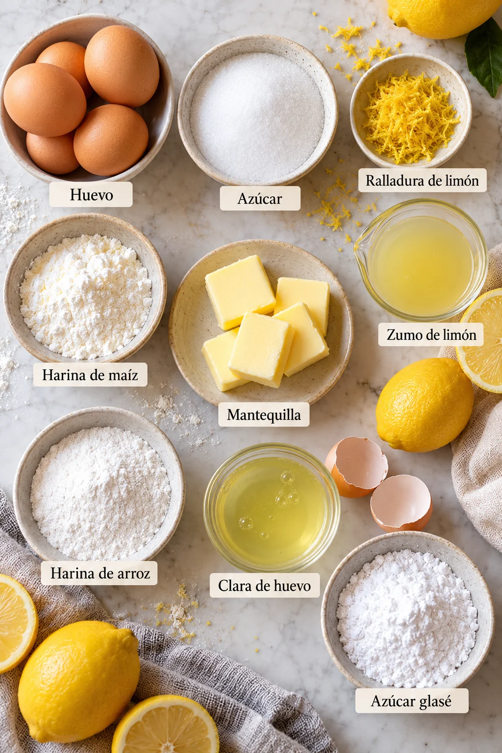 Ingredientes etiquetados para tartaletas de limón