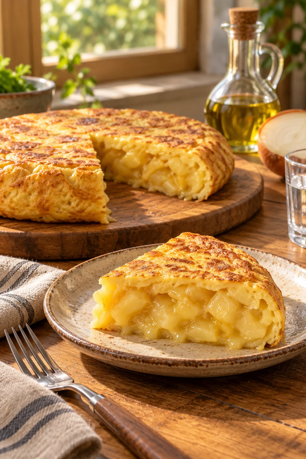 Primer plano de una porción de tortilla de patatas jugosa mostrando textura suave y dorada