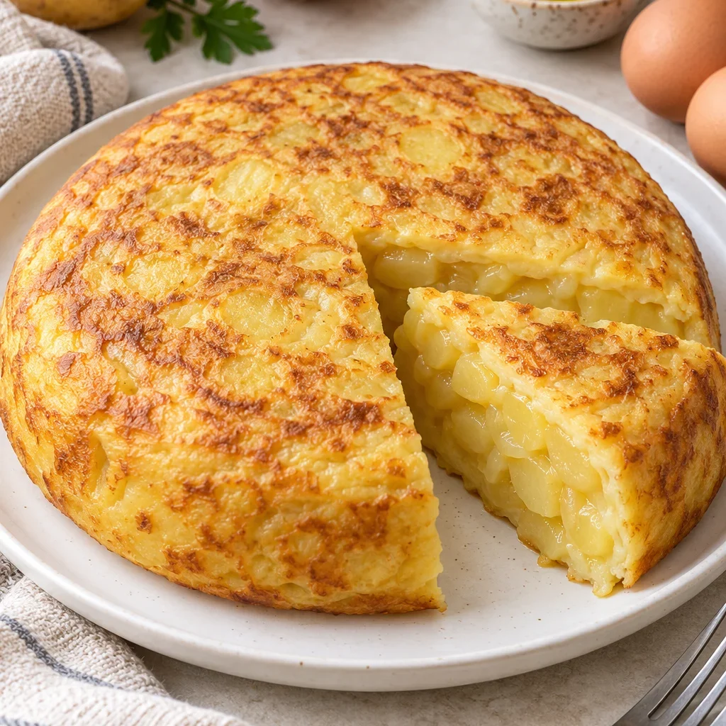 Tortilla de patatas jugosa de mi madre servida en plato blanco