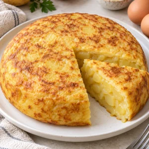 Tortilla de patatas jugosa de mi madre servida en plato blanco