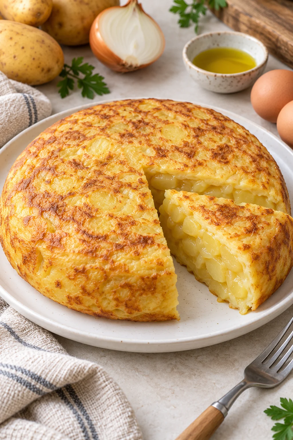 Tortilla de patatas jugosa de mi madre servida en plato blanco