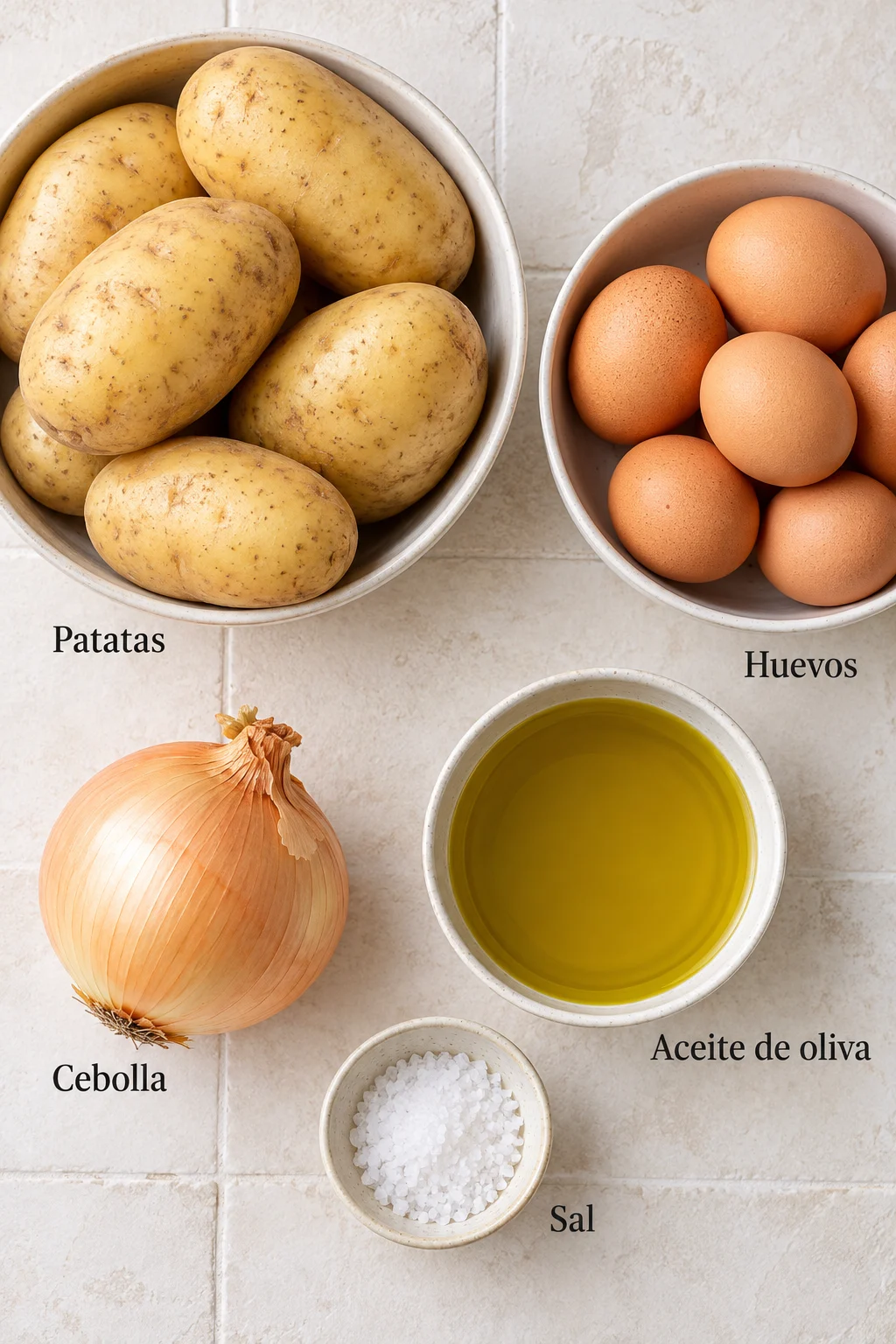 Ingredientes etiquetados para tortilla de patatas: patatas, huevos, cebolla, aceite de oliva y sal