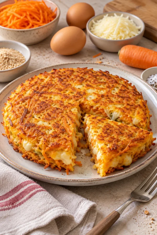 Tortilla de zanahoria y queso servida con ingredientes frescos