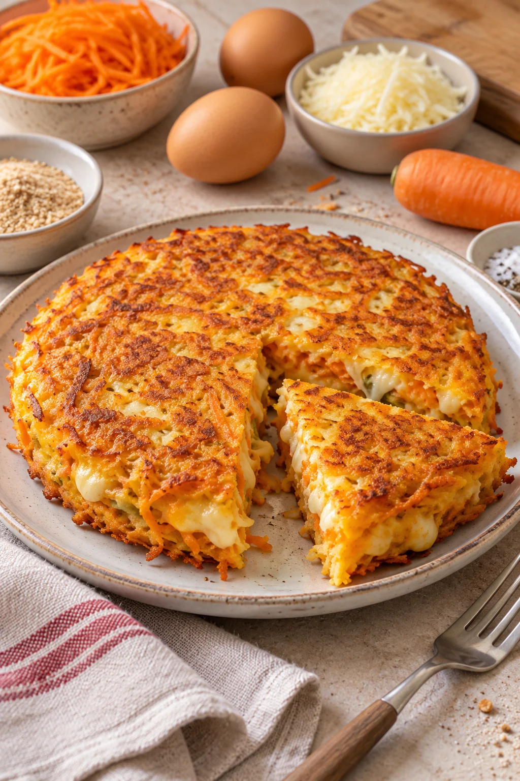 Tortilla de zanahoria y queso servida con ingredientes frescos