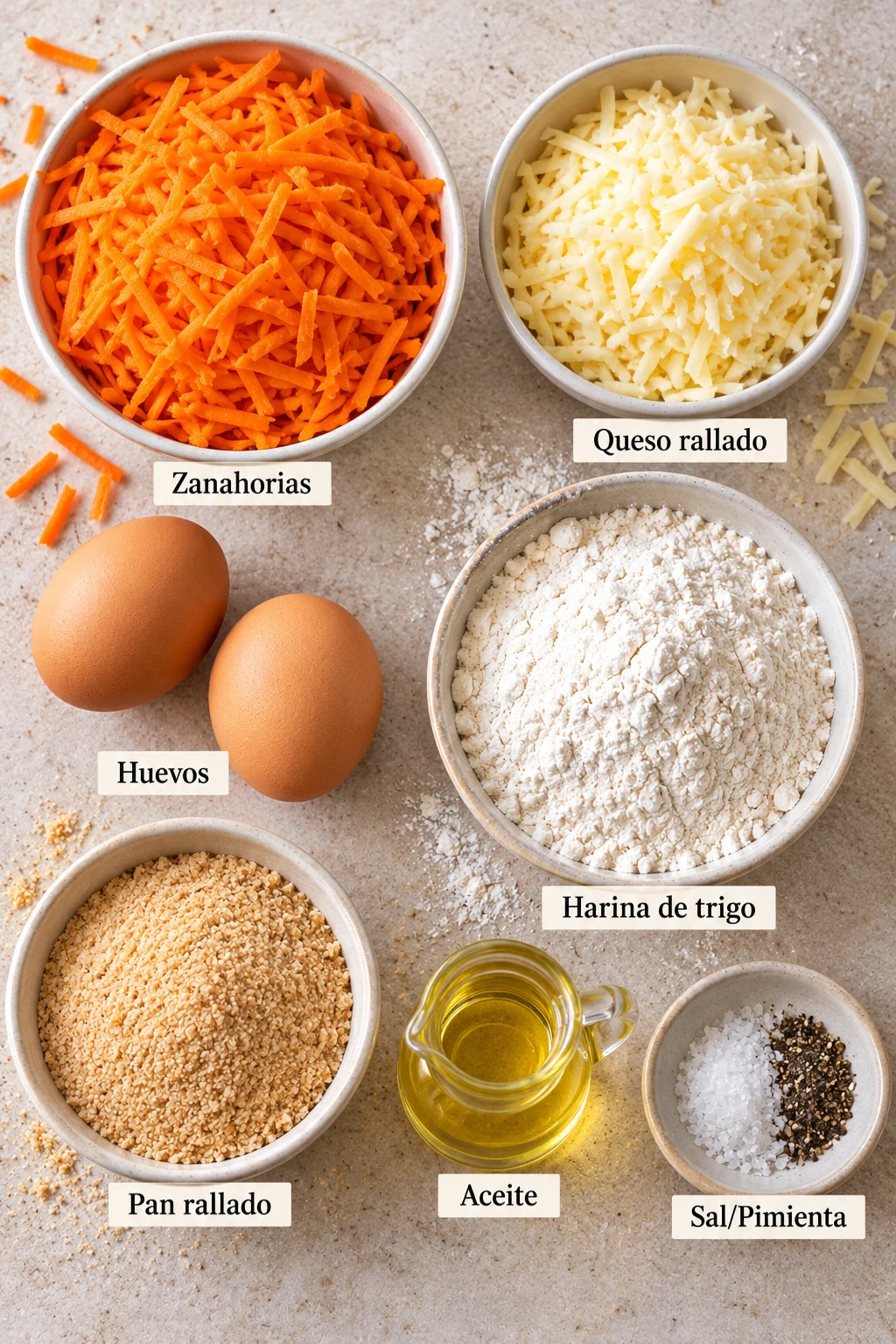 Ingredientes etiquetados para tortilla de zanahoria y queso