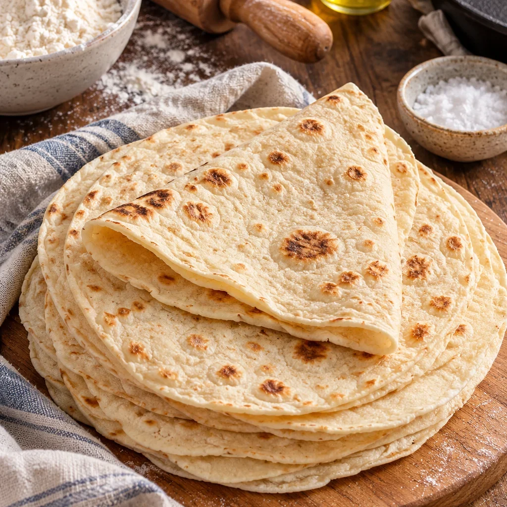 Tortillas de harina para fajitas recién hechas apiladas en un plato.