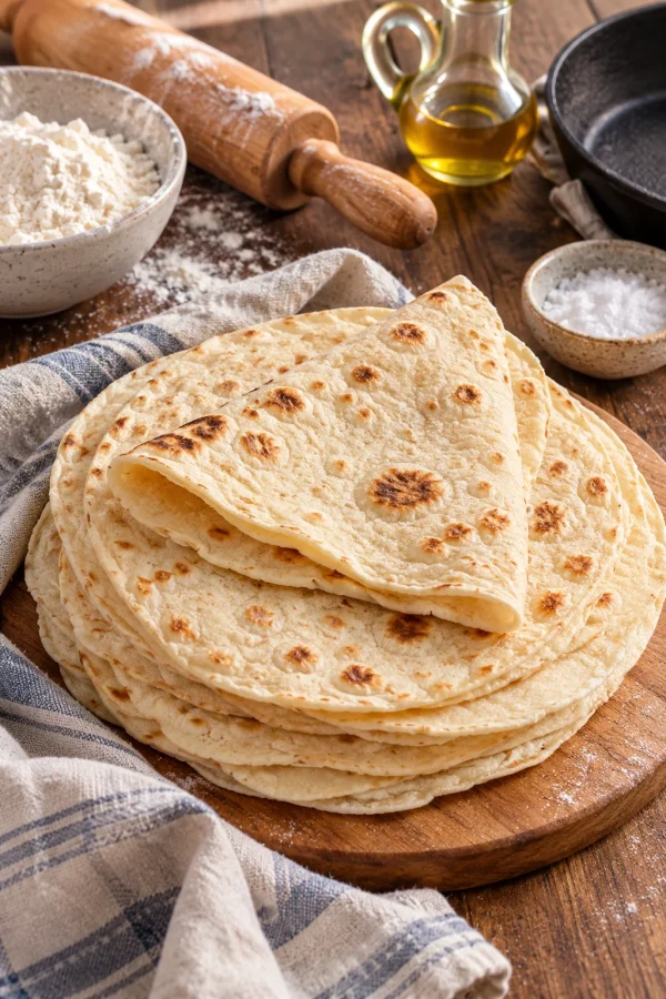 Tortillas de harina para fajitas recién hechas apiladas en un plato.