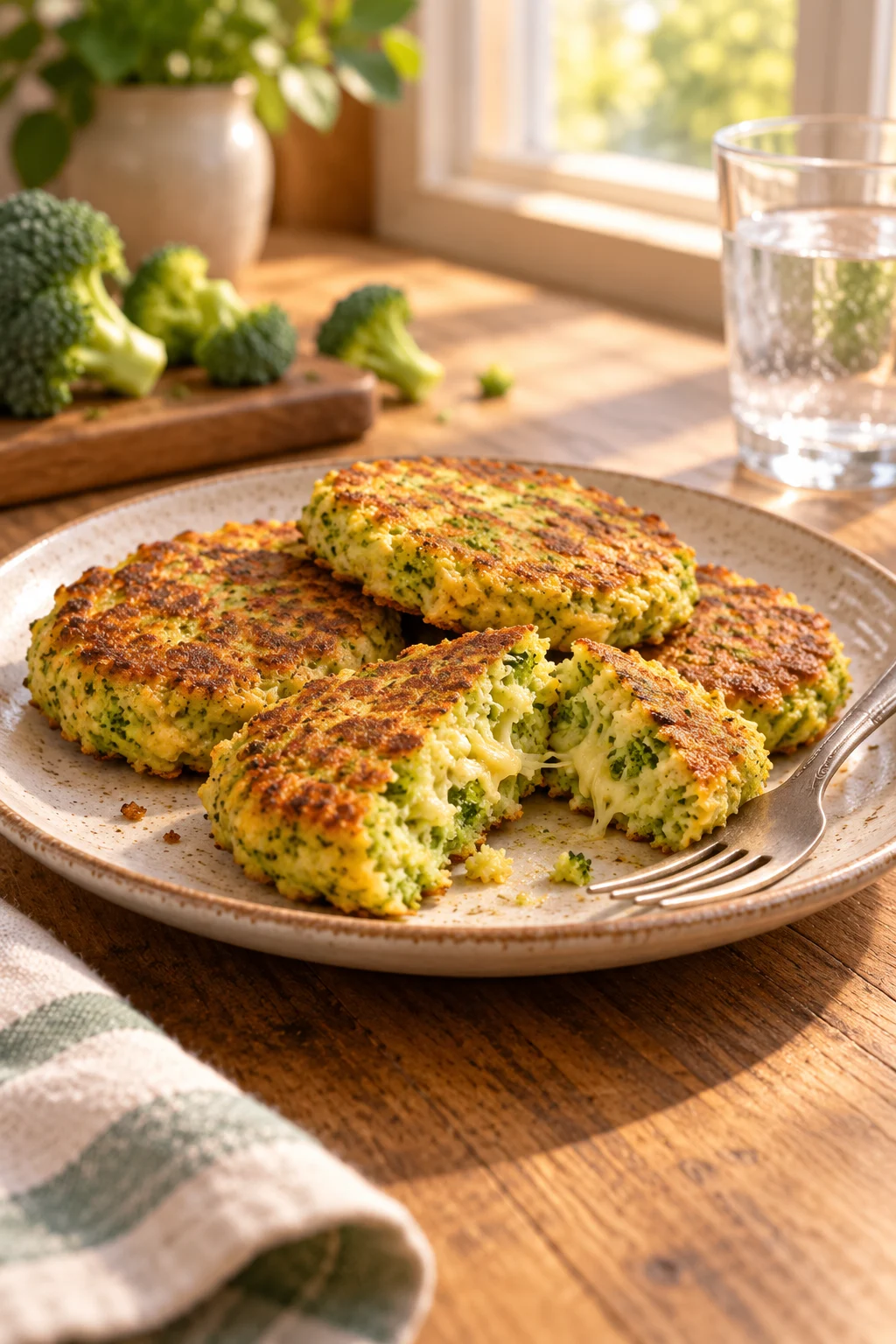 Primer plano de tortitas de brócoli con queso mostrando textura y queso fundido