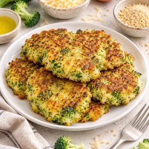 Tortitas de brócoli con queso servidas en plato blanco con brócoli fresco y queso rallado