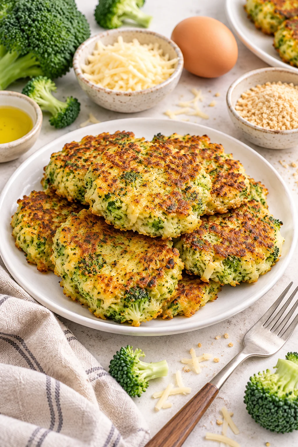 Tortitas de brócoli con queso servidas en plato blanco con brócoli fresco y queso rallado