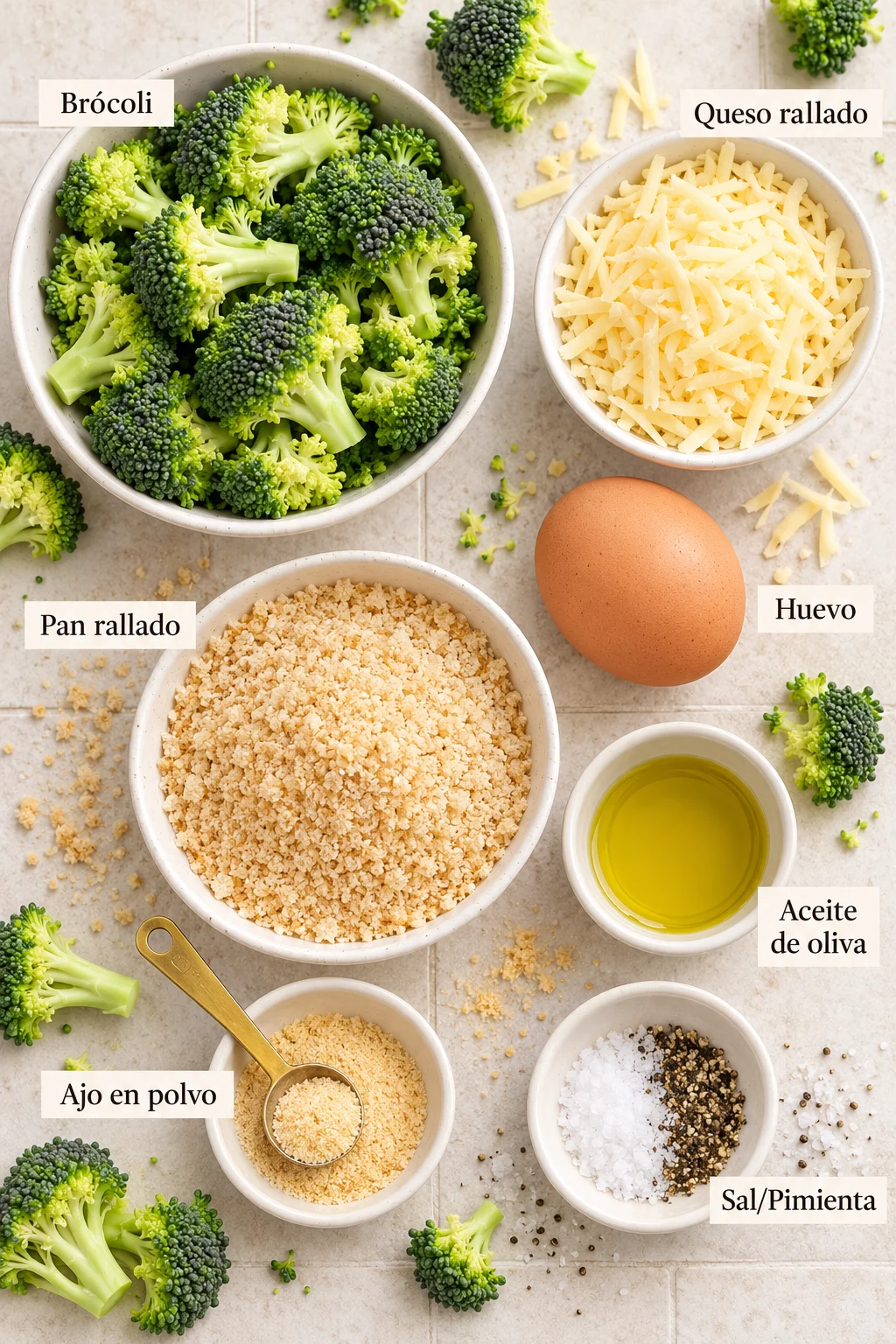 Ingredientes etiquetados para tortitas de brócoli con queso en bowls blancos